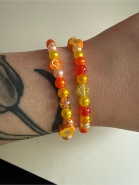 Orange and Yellow Beaded Stretch Bracelet Set - Matching Mom & Daughter